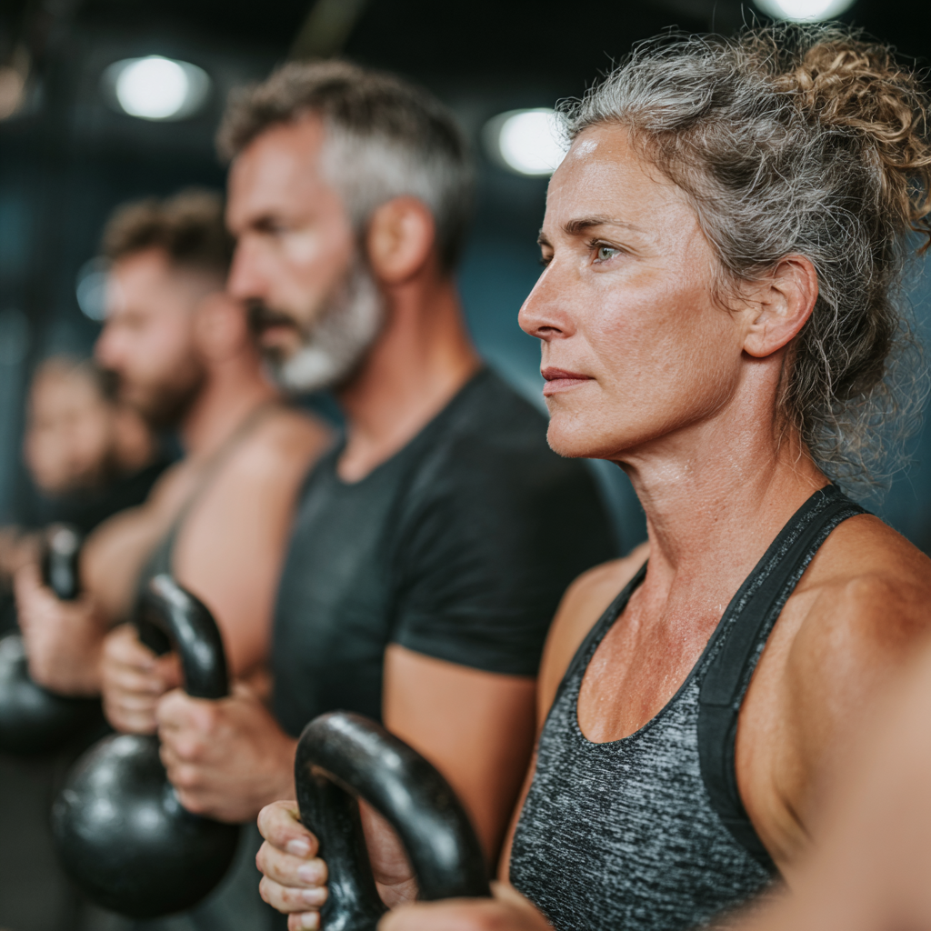 Group of mature adults aged 45-50 doing crossfit workout with kettlebells and resistance training in well-equipped fitness studio