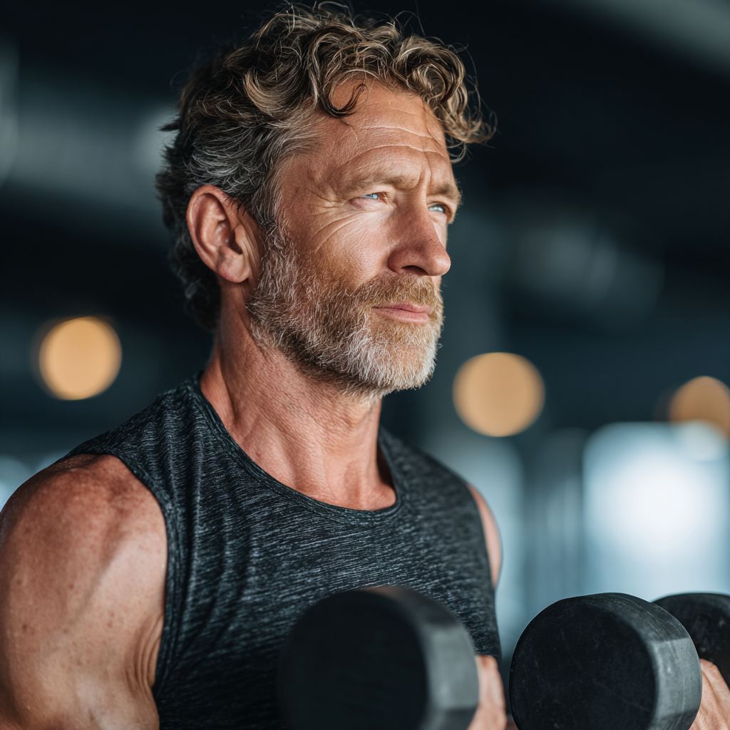 Middle-aged fitness enthusiast performing strength training with dumbbells in modern gym setting